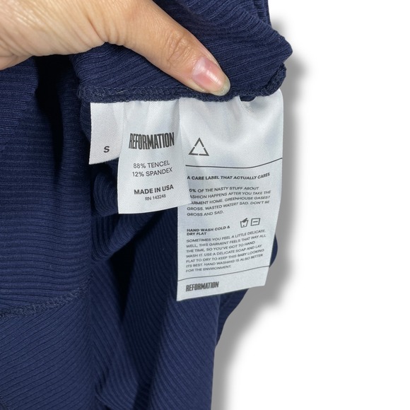 Reformation Dress Womens S Ribbed Knit V-Neck Tie Sleeve Fit & Flare Blue - Picture 3 of 7